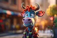 Cute Cartoon Cross Eyed Cow With Vibrant Red Hair Wearing A Necklace. 