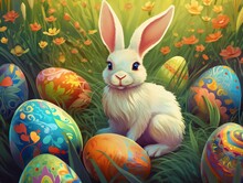 Whimsical Easter Bunny And Fancy Easter Eggs In Tall Grass And Flowers. Created Using Generative AI Tools