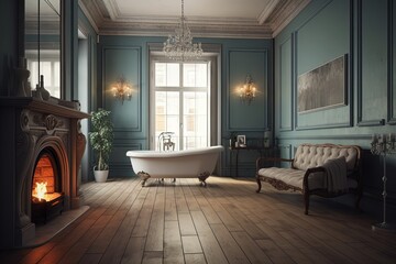 Wall Mural - luxurious bathroom with a cozy fireplace and elegant bathtub created with Generative AI technology