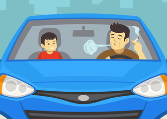 Close-up of male driver smoking cigarette and male kid sitting in front seat. Front view. Flat vector illustration template.