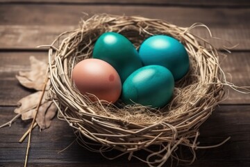 Wall Mural - Illustration of three eggs in a nest on a rustic wooden table created with Generative AI technology