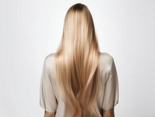 woman with long and shiny hair on isolated background. back view. generative ai