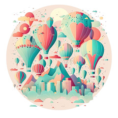  Whimsical and playful pastel illustration artwork in delicate linework of balloon travel, outdoor, or roadtrip vacation destination. Isolated on transparent background. Created using Generative AI.