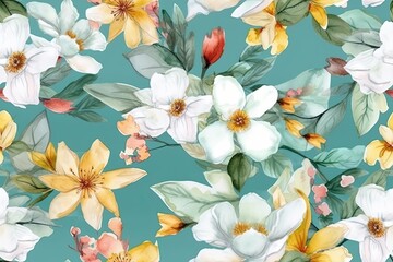 Wall Mural - Illustration of watercolor flowers on blue background created with Generative AI technology