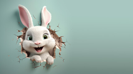 realistic 3d render of a happy, smiling and cute baby rabbit, looking from broken wall