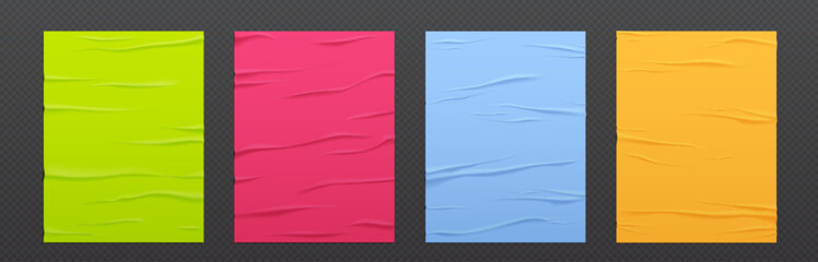 Poster - Texture of paper posters glued on wall. Mockup of paper stickers with wrinkles and folds isolated on transparent background. Crumpled colored A4 banners, vector realistic set
