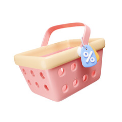Poster - 3d basket shopping with price tags for online shopping and supermarket. discount coupon of cash, special offer promotion. icon isolated on white background. 3d rendering illustration. Clipping path.