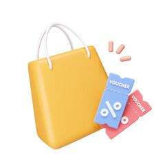 Poster - 3d Shopping bag with discount. discount. Online shopping. For promotion. marketing and advertising in social networks. icon isolated on white background. 3d rendering illustration. Clipping path.