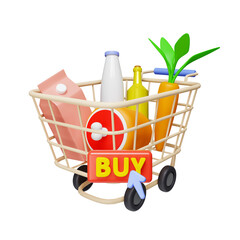 Poster - 3D Shopping cart and food with buy button. food delivery concept from online store. icon isolated on white background. 3d rendering illustration. Clipping path.