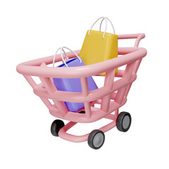 Poster - 3D shopping cart with shopping bag for online shopping and digital marketing. icon isolated on white background. 3d rendering illustration. Clipping path.