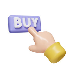 Poster - 3d Hand pressing the purple buy button. shopping online concept. icon isolated on white background. 3d rendering illustration. Clipping path.