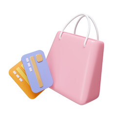 Poster - 3d shopping paper bag credit card. electronic payment concept. Credit card paying. icon isolated on white background. 3d rendering illustration. Clipping path.
