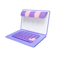 Poster - 3d Online shopping, marketing and ecommerce business ideas, laptop with white screen and a red awning. icon isolated on white background. 3d rendering illustration. Clipping path.