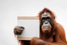 Cute Orangutan Monkey With Empty Clean White Cardboard Sign In Hands. Poster Template With Copy Space. Zoo Illustration. AI Generative Image.