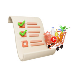 Poster - 3d Shopping list with correct mark and shopping shopping cart. Order checklist task clipboard for store. icon isolated on white background. 3d rendering illustration. Clipping path.