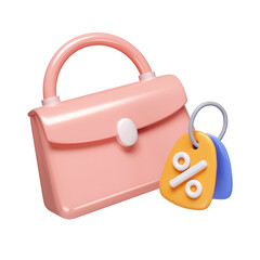Poster - 3d handbag with discount tag. promotion sale, shopping online concept. icon isolated on white background. 3d rendering illustration. Clipping path.