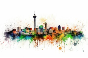 Canvas Print - colorful watercolor painting of a city skyline against a white background created with Generative AI technology