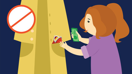 Poster - Girl takes someone else's coat pocket money from a purse. Vector flat illustration