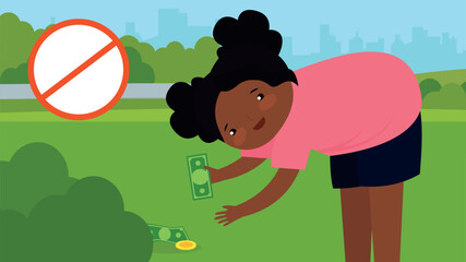 Poster - African American Girl picks up money in the park. Vector illustration in flat style