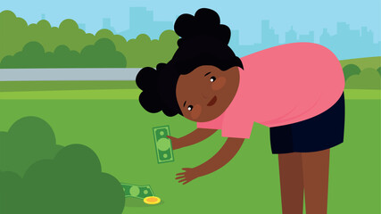 Poster - Girl picks up money in the park. Vector illustration in flat style