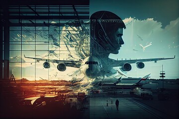 Wall Mural - aviation industry double exposure with plane flying over busy airport terminal, created with generative ai