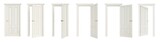 Set of white doors in various stages of opening, isolated on transparent background. 3D render. Clipping path included.
