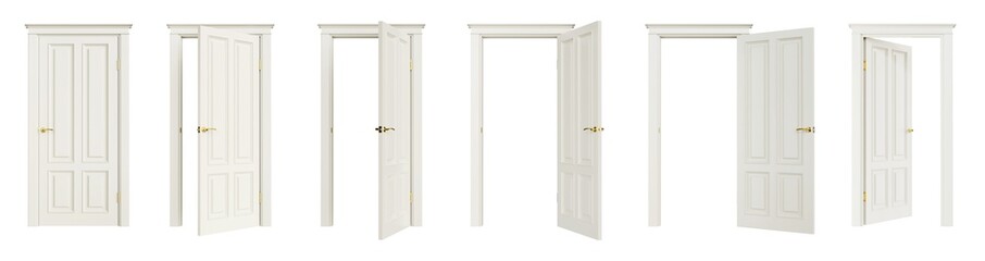 Aufkleber - Set of white doors in various stages of opening, isolated on transparent background. 3D render. Clipping path included.