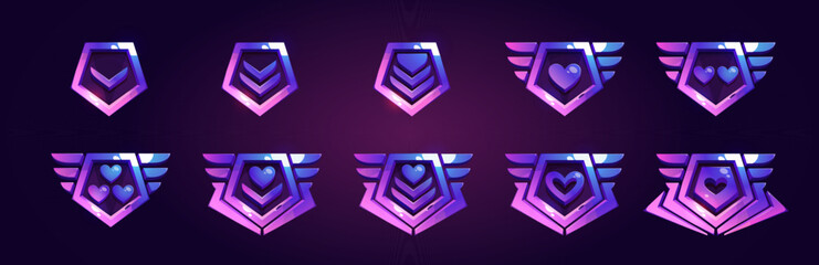 Wall Mural - Military game insignia rank badge cartoon vector illustration. Isolated purple medal with heart for level achievement on dark background. 3d shield label for progress evolution emblem or reward.