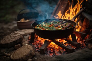 outdoor cooking at campfire for food on fire backyard grill, created with generative ai