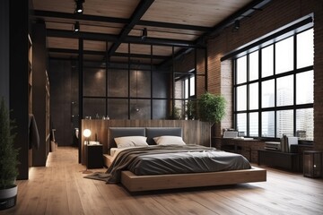 Canvas Print - Spacious Bedroom with Large Bed and Abundant Natural Light created with Generative AI technology