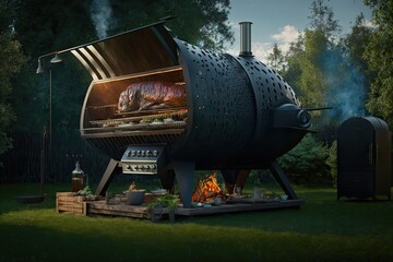 huge hot barbecue in backyard grill for large company, created with generative ai