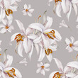 Bouquet of lilies on a light gray background.  Seamless watercolor pattern