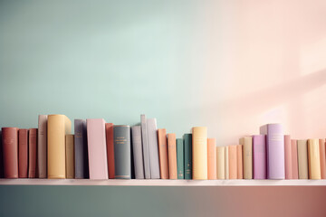 Wall Mural - Shelf with books on pastel color wall background. Generative AI.