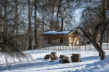 Wall Mural - rural landscape with a frozen lake and a forest and a house on a sunny winter day in the suburbs of Veliky Novgorod