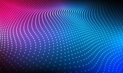 Fototapete - Abstract Waving Particle Technology Background. Big data visualization futuristic technology and science. Music, sound. Beautiful motion waving dots texture with glowing defocused particles. Vector
