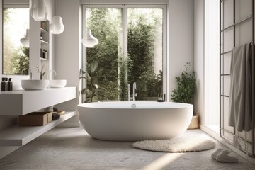 Canvas Print - modern bathroom with a spacious white bathtub as the centerpiece created with Generative AI technology