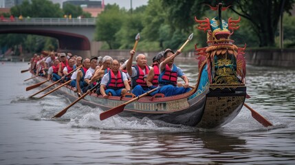 Wall Mural - dragon boat race scene in Chinese traditional Dragon Boat Festival. Generative AI illustration.