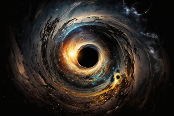 Wall Mural - A black hole, surrounded by swirling galaxies and shining stars, captivating to the eyes. Generative AI