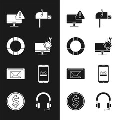 Poster - Set Computer monitor service, Lifebuoy, Monitor with exclamation mark, Open mail box, Mail and e-mail, Mobile FAQ information, Headphones and Coin money dollar icon. Vector