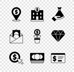 Sticker - Set Cash location, Bank building, Money hand, Coin money with dollar, Stacks paper cash, Online banking, Envelope symbol and Dollar plant icon. Vector