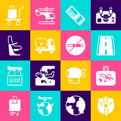 Sticker - Set Plane propeller, Suitcase, Airport runway, Airline ticket, Fuel tanker truck, Airplane seat, Trolley baggage and No Smoking icon. Vector