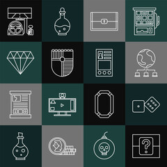 Poster - Set line Mystery or random box, Game dice, Computer network, Chest for game, Shield, Diamond, Racing simulator cockpit and Create account screen icon. Vector