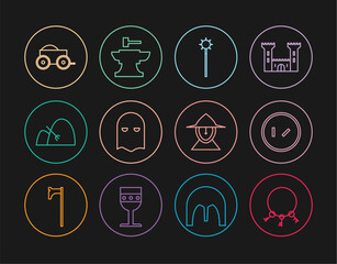 Sticker - Set line Old keys, Round wooden shield, Medieval chained mace ball, Executioner mask, Bale of hay and rake, Wooden four-wheel cart, iron helmet and Anvil for blacksmithing hammer icon. Vector