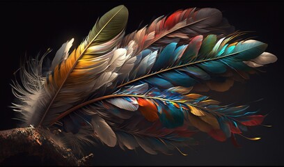 Sticker -  a close up of a colorful feather on a black background.  generative ai