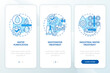 Water treatment blue onboarding mobile app screen. Purification walkthrough 3 steps editable graphic instructions with linear concepts. UI, UX, GUI template. Myriad Pro-Bold, Regular fonts used