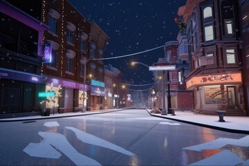 Wall Mural - A city street at night lit up by the glow of street Generative AI