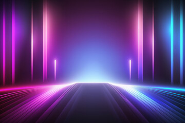 Abstract glowing blue purple neon lights background illustration. Generative AI