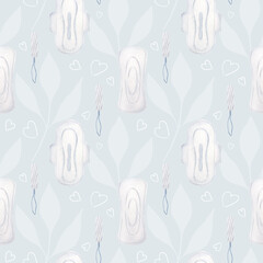 Wall Mural - Watercolor seamless pattern of menstrual pads, tampons and hearts on a blue background. Packaging for female intimate hygiene products. Personal hygiene product for women.