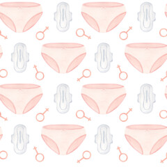 Wall Mural - Seamless pattern of white clean sanitary pads, women gender symbol and pink lingerie. Packaging for female intimate hygiene products. Watercolor illustration.