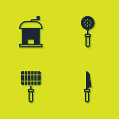 Sticker - Set Manual coffee grinder, Knife, Barbecue steel grid and Spatula icon. Vector